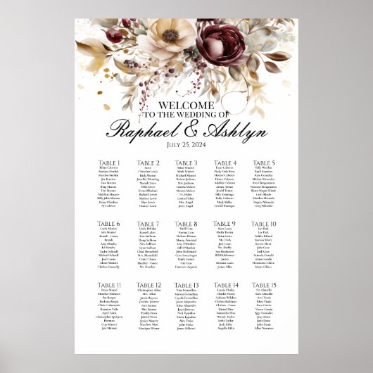 Poster Plan de table de mariage 15 tables, pivoines borde (Devant)