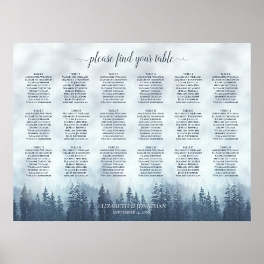 Poster Plan de table de mariage 18 tables bleu brumeux Pi (Devant)