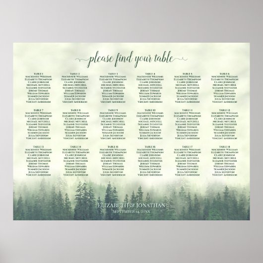 Poster Plan de table de mariage 18 tables Pins verts brum (Devant)