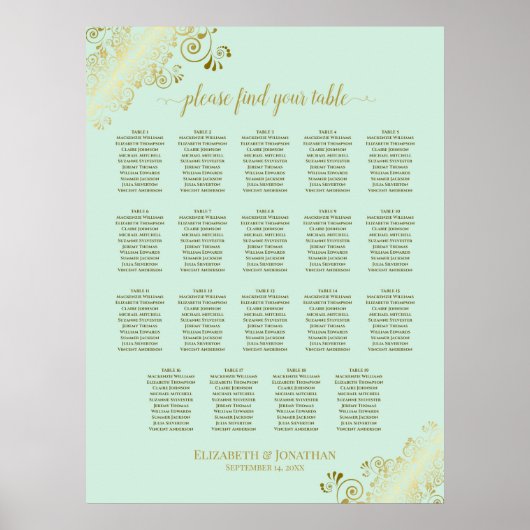 Poster Plan de table de mariage 19 tables vert menthe et  (Devant)