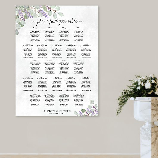 Poster Plan de table de mariage 22 tables Lavande Eucalyp