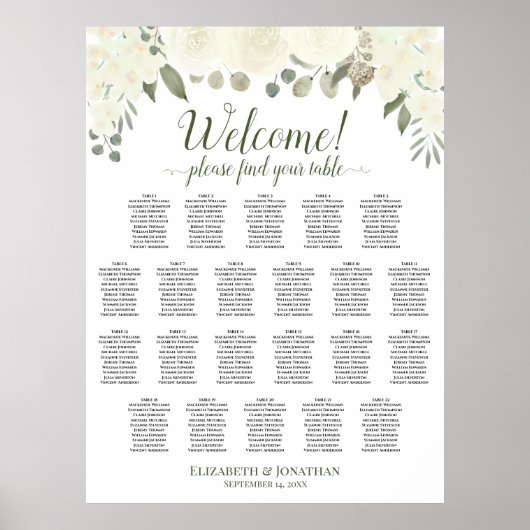 Poster Plan de table de mariage 22 tables Roses blanches (Devant)