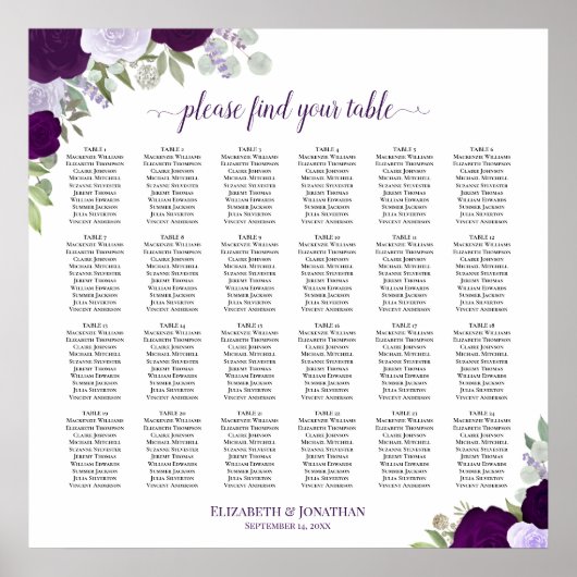 Poster Plan de table de mariage 24 tables Roses violettes (Devant)