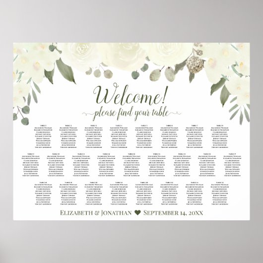Poster Plan de table de mariage 25 tables Roses Blanches (Devant)