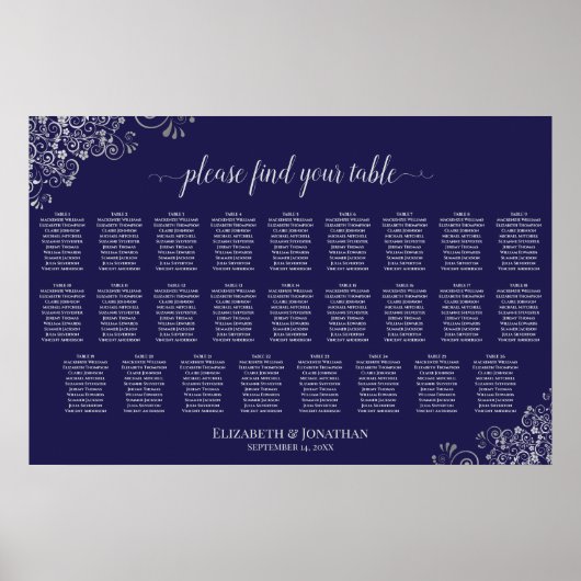 Poster Plan de table de mariage 26 tables Argent sur Bleu (Devant)