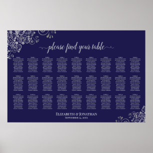 Poster Plan de table de mariage 27 tables Argent sur Bleu