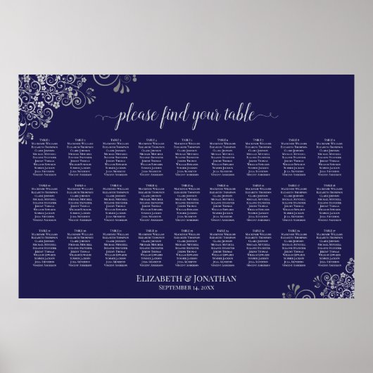 Poster Plan de table de mariage 27 tables Argent sur Bleu (Devant)