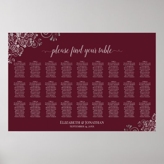 Poster Plan de table de mariage 27 tables Argent sur bord (Devant)