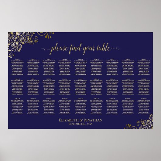 Poster Plan de table de mariage 27 tables Bleu Nuit & Or (Devant)