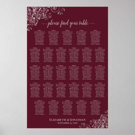Poster Plan de table de mariage 28 tables argent sur bord (Devant)