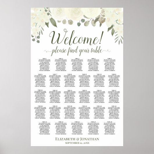 Poster Plan de table de mariage 28 tables avec roses blan (Devant)