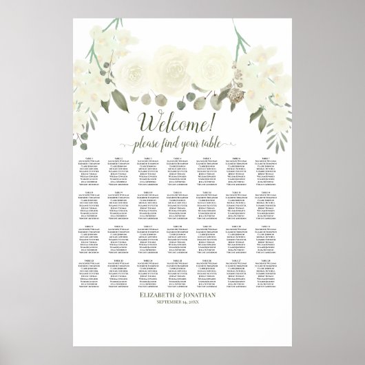 Poster Plan de table de mariage 28 tables avec roses blan (Devant)
