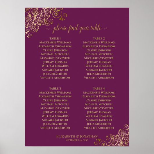 Poster Plan de table de mariage 4 tables Magenta Plum & O (Devant)