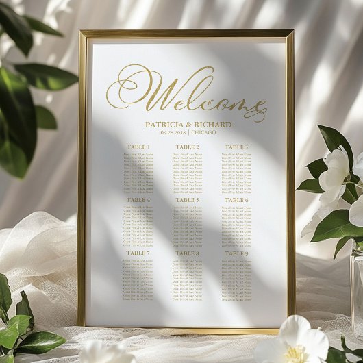 Poster Plan de table de mariage 9 tables feuille d'or