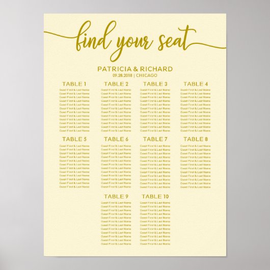 Poster Plan de table de mariage à 10 tables Calligraphie (Devant)