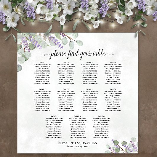 Poster Plan de table de mariage à 11 tables Lavande Eucal