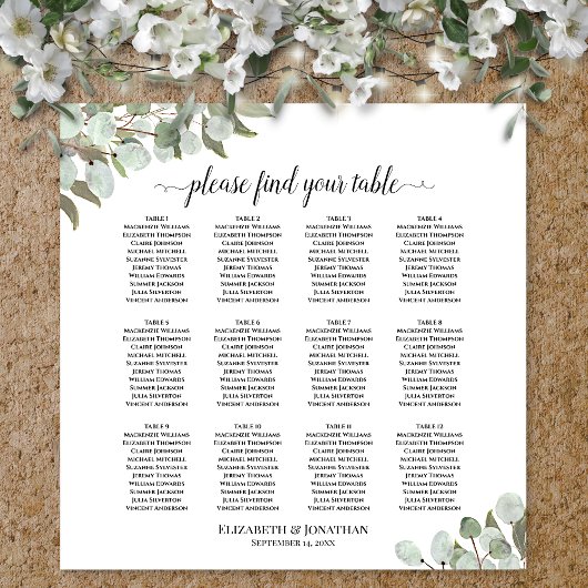 Poster Plan de table de mariage à 12 tables avec verdure