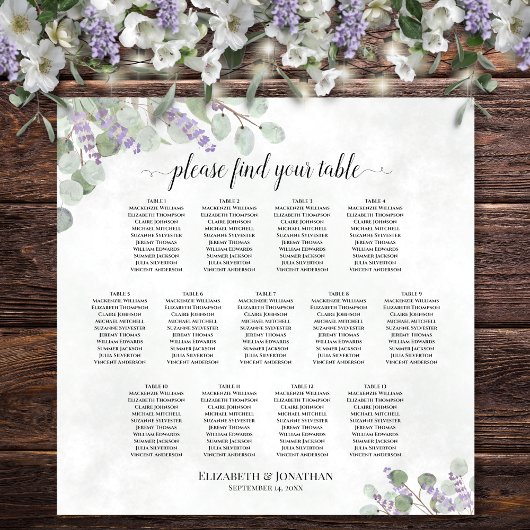 Poster Plan de table de mariage à 13 tables Eucalyptus La