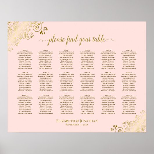 Poster Plan de table de mariage à 18 tables Rose poudré & (Devant)