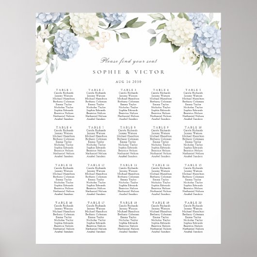 Poster Plan de table de mariage à 20 tables avec hortensi (Devant)