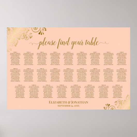 Poster Plan de table de mariage à 26 tables Corail pêche (Devant)