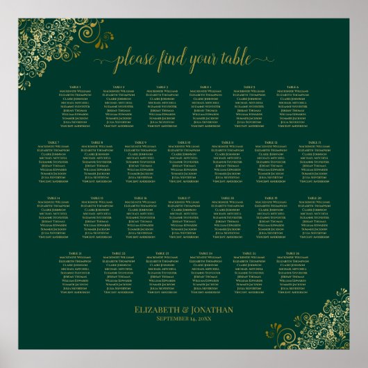 Poster Plan de table de mariage à 26 tables Émeraude Vert (Devant)