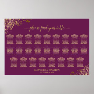 Poster Plan de table de mariage à 26 tables Magenta Plum