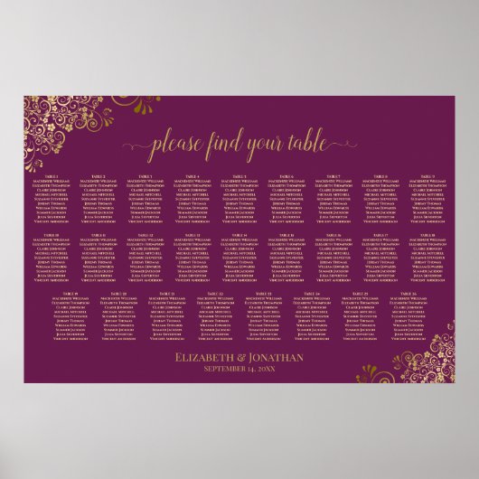 Poster Plan de table de mariage à 26 tables Magenta Plum (Devant)