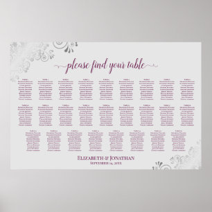 Poster Plan de table de mariage à 26 tables Magenta Plum