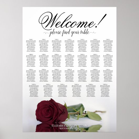 Poster Plan de table de mariage à 27 tables avec rose bor (Devant)