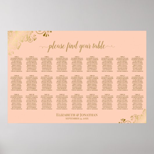 Poster Plan de table de mariage à 27 tables Corail pêche (Devant)