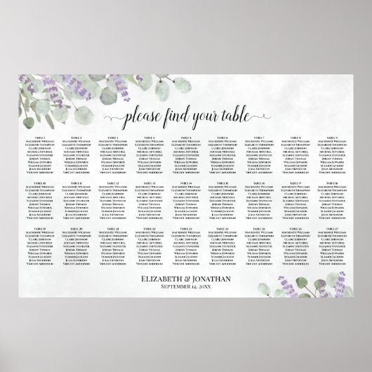 Poster Plan de table de mariage à 27 tables Lavande Eucal (Devant)