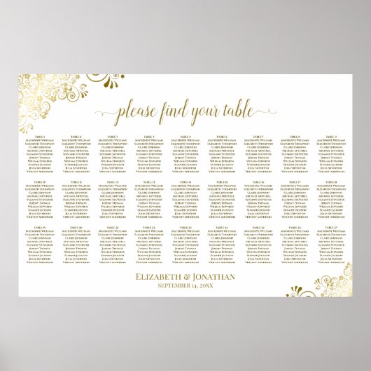 Poster Plan de table de mariage à 27 tables Orné Or & Bla (Devant)