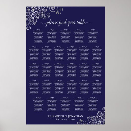 Poster Plan de table de mariage à 28 tables Argent sur Bl (Devant)