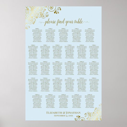 Poster Plan de table de mariage à 28 tables Bleu poudré & (Devant)