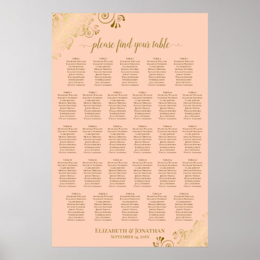 Poster Plan de table de mariage à 28 tables Corail pêche (Devant)