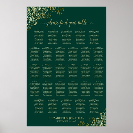 Poster Plan de table de mariage à 28 tables Émeraude Vert (Devant)
