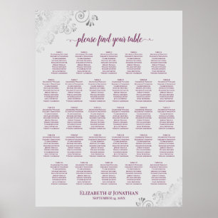 Poster Plan de table de mariage à 28 tables Magenta Plum