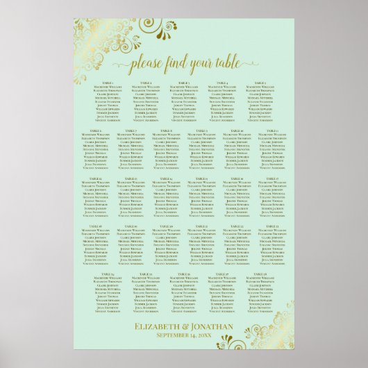 Poster Plan de table de mariage à 28 tables Vert Menthe & (Devant)