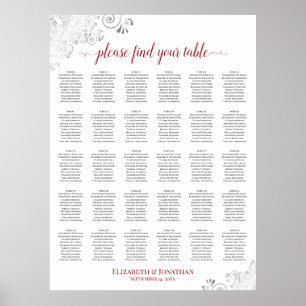 Poster Plan de table de mariage à 30 tables argent et rou