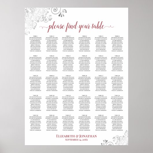 Poster Plan de table de mariage à 30 tables argent et rou (Devant)