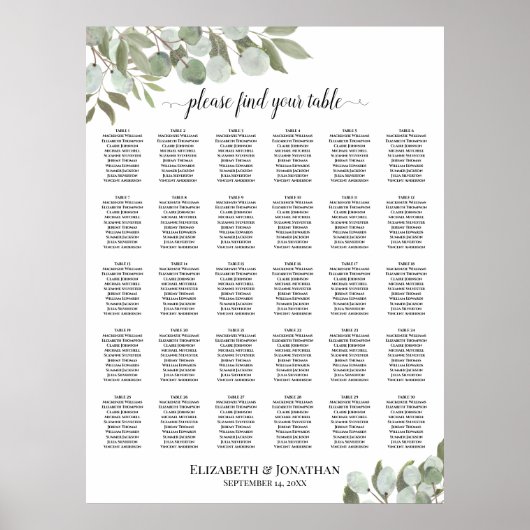 Poster Plan de table de mariage à 30 tables avec feuilles (Devant)