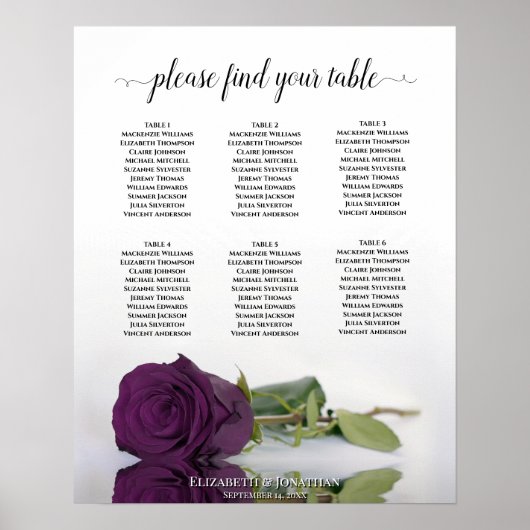 Poster Plan de table de mariage à 6 tables Rose Violet pr (Devant)