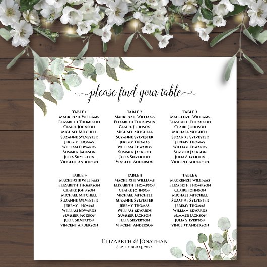 Poster Plan de table de mariage à 6 tables Rustique Eucal
