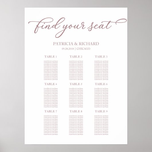 Poster Plan de table de mariage à 9 tables écriture rose (Devant)