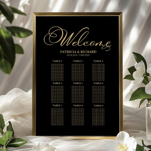 Poster Plan de table de mariage à 9 tables Feuille d'or