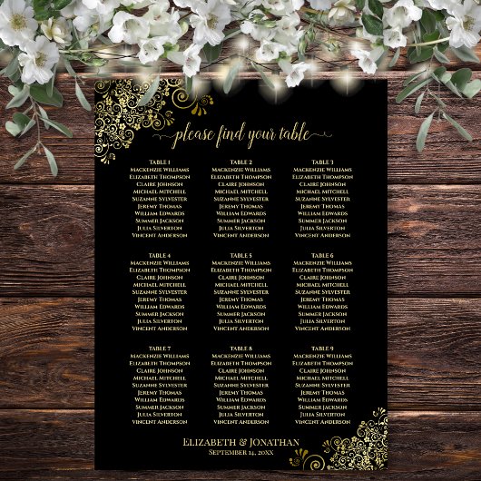 Poster Plan de table de mariage à 9 tables Noir avec fron