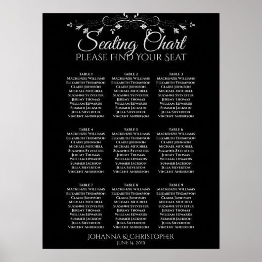 Poster Plan de table de mariage à 9 tables Silver on Blac (Devant)