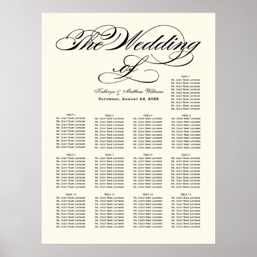 Poster Plan de table de mariage à calligraphie noire élég (Devant)