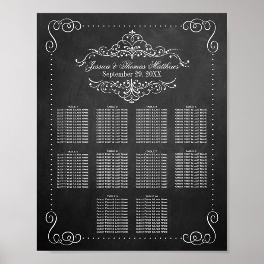 Poster Plan de table de mariage à craie Orné avec fioritu (Devant)
